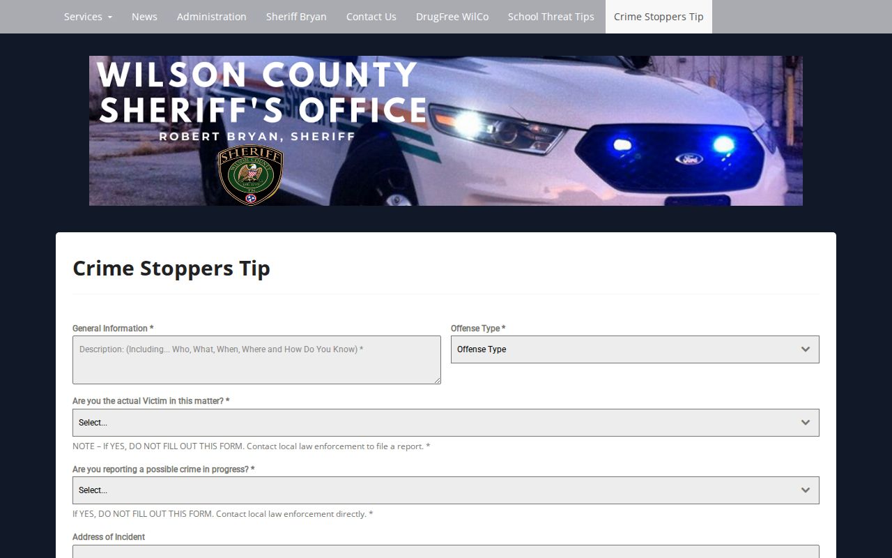 Wilson County Crime Stoppers online tip form