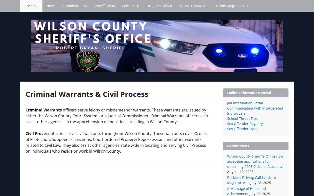 Wilson County Sheriff’s Office warrant-process page